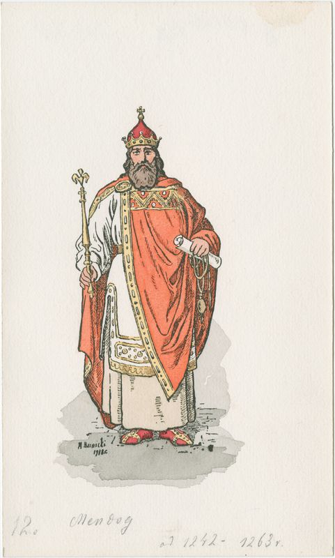 Mindaugas, first and only crowned king of Lithuania. Imagined portrait by Mieczysław Barwicki, 1908.