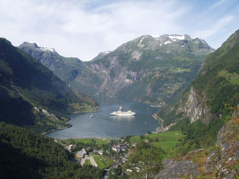 Geirangerfjord from Flydalsjuvet — the Atlantic coast that opened when the ice withdrew.
